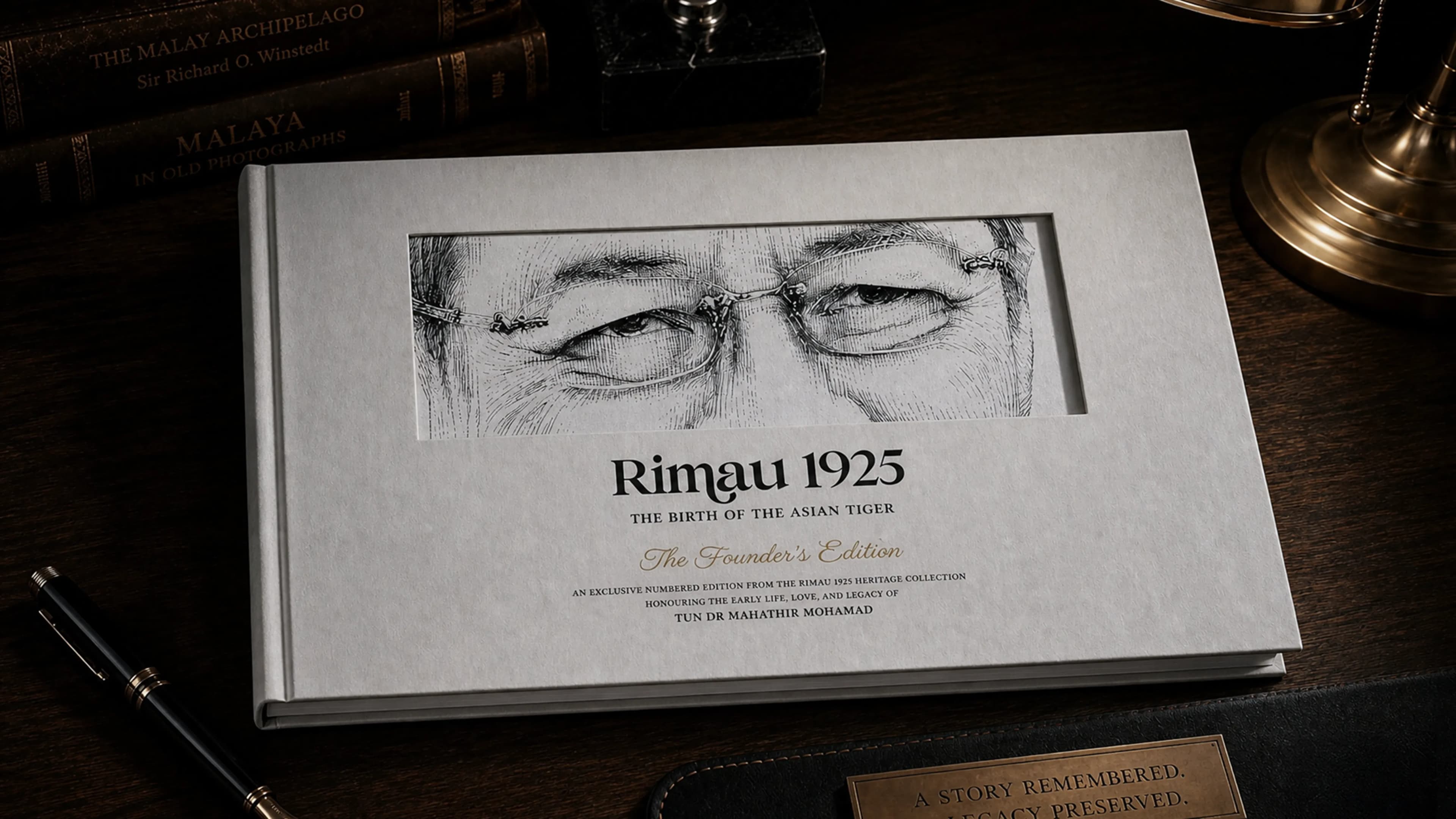 The Founder's Edition publication spread: hardcover, foil serial, and an open interior spread